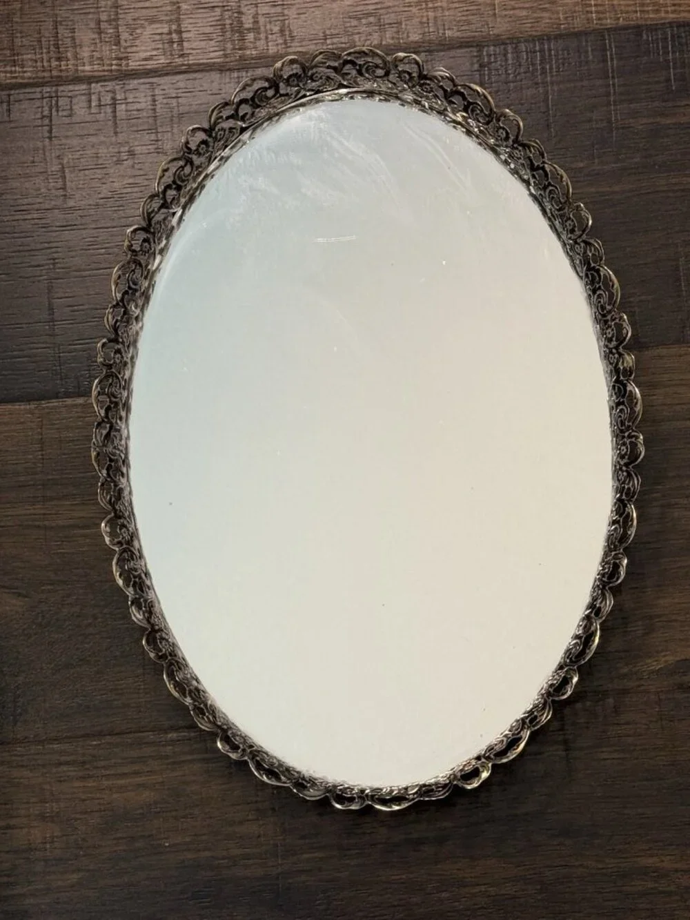 Vintage Oval Gold-tone Filigree Mirrored Vanity Tray Rose Boarder